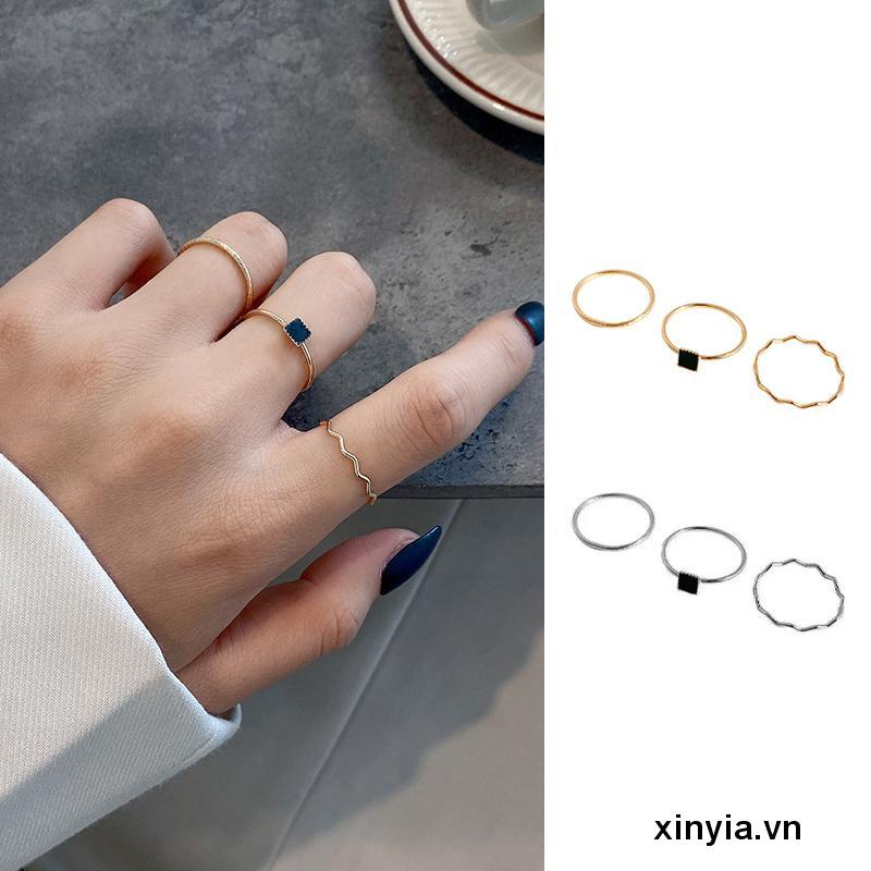 Set Nhẫn Ba Chiếc Nhẫn Zircon Đen Thiết Kế Đơn Giản Thời Trang Cao Cấp Cho Nữ