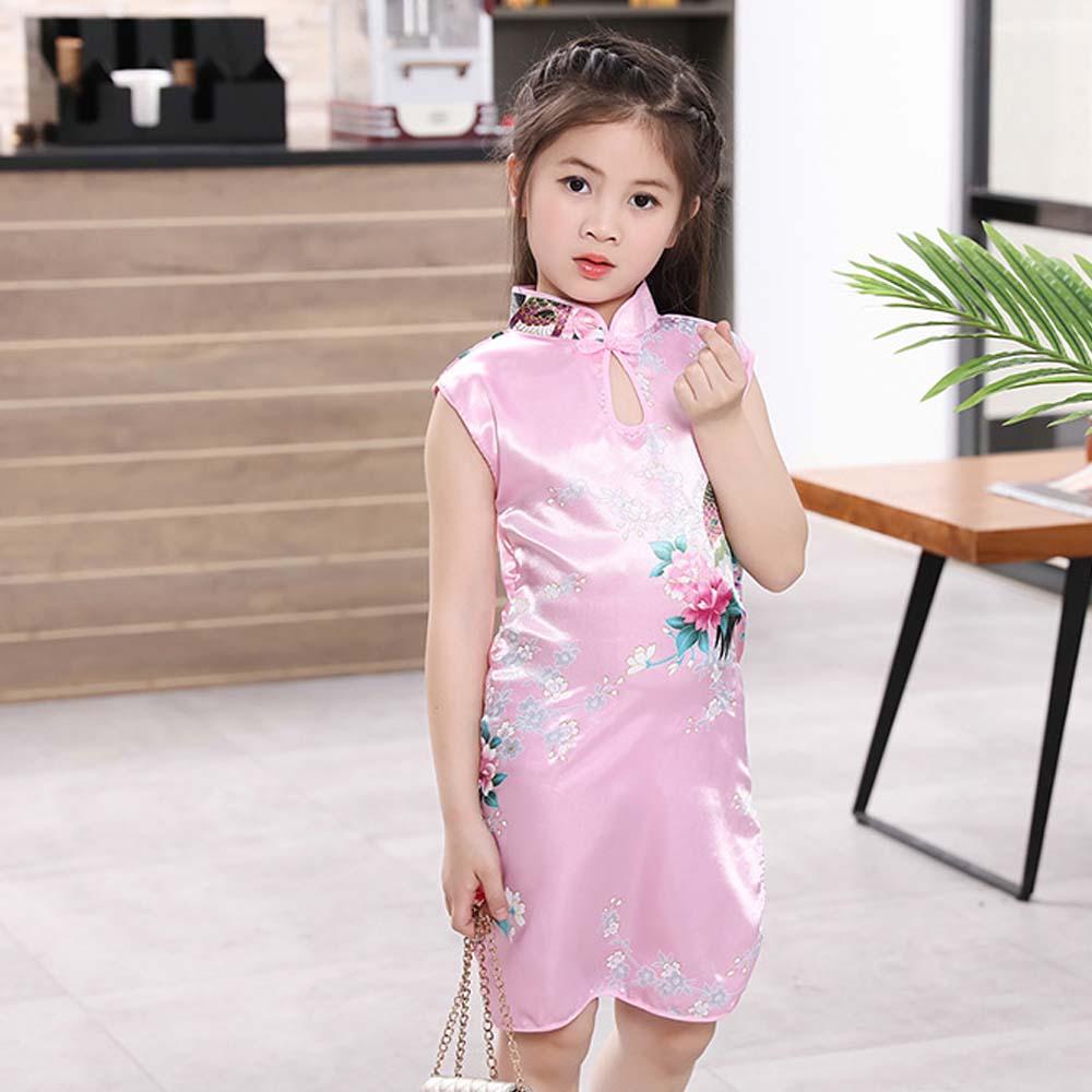 Đầm Qipao Thêu Hình Chim Công Phong Cách Trung Hoa Dễ Thương Cho Bé Gái