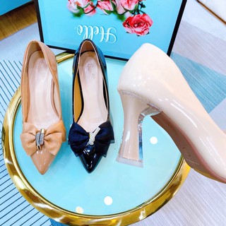 Giày cao gót nữ, giày búp bê gót 7cm chất da bóng đính nơ cao cấp
