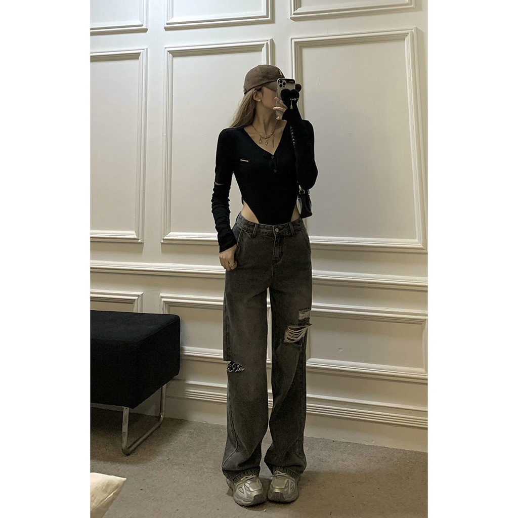 ☼✖❇Quần Jeans Dài Lưng Cao Ống Rộng Rách Gối Màu Xám Đen Phong Cách Retro Cho Nữ