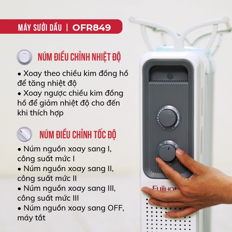 Máy sưởi dầu không đốt oxi không khô da CN Nhật Bản Nhập Khẩu FUJIHOME 11 thanh, sưởi điện tự động ngắt, Bảo hành 1 năm