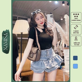 Chân váy jeans giãn xếp ly 3 nút hàng quảng châu cao cấp namisa cv10