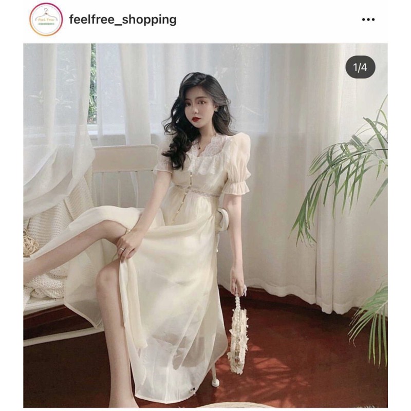 (Ảnh thật) Đầm Trắng Feelfree Dáng Dài Cổ Bèo Dáng Dài Cổ Tròn 2 Lớp Mặc Đi Tiệc Đi Chơi D119