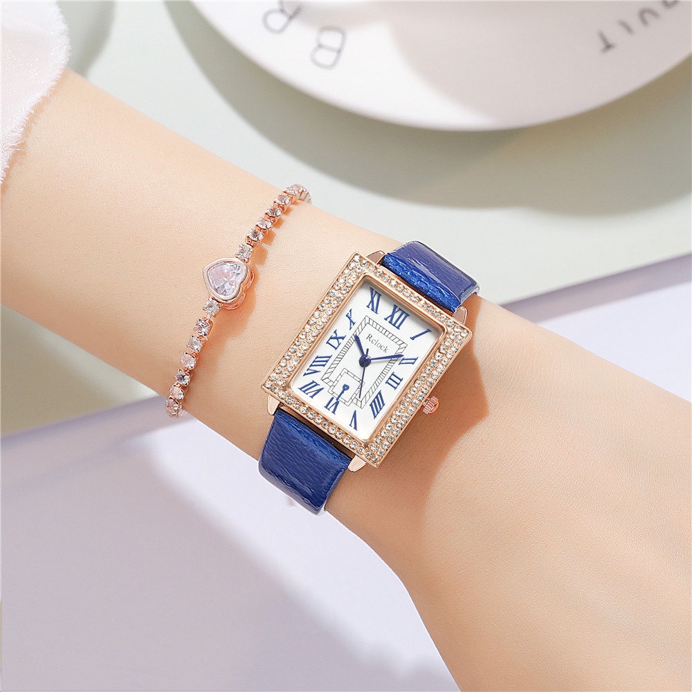 Đồng Hồ Quartz Mặt Chữ Nhật Đính Đá Dây Da Thời Trang