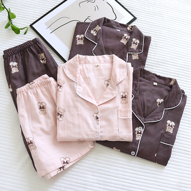 Bộ pyjama nữ vải xô Nhật hình gấu dễ thương, dáng ngắn