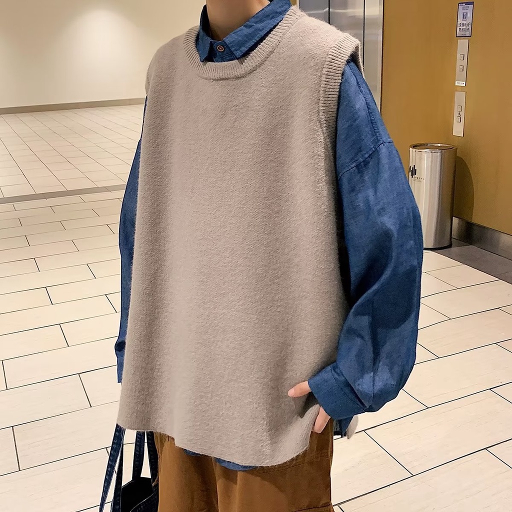Áo sweater Dệt Kim Sát Nách Dáng Rộng Kiểu Nhật Bản Thời Trang Thu Đông Cho Nam Cỡ m-2xl 2 Màu Lựa Chọn