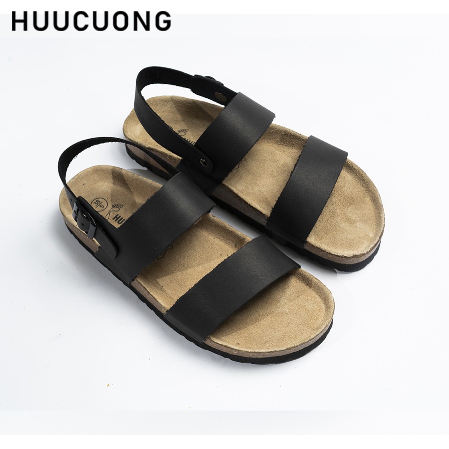 Giày Sandal Unisex HuuCuong 2 quai da bò đen đế trấu