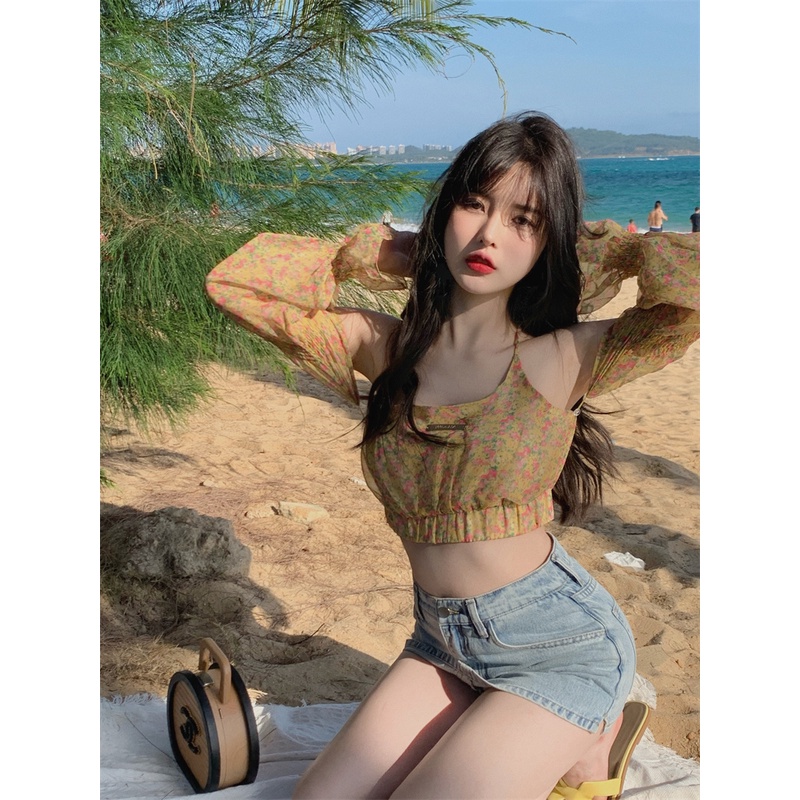 QKOOLE Áo trễ vai  hoạ tiết hoa phong cách Hàn Quốc cho nữ