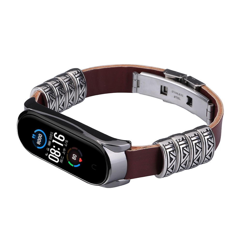 Dây Đeo Thay Thế Chất Liệu Da Thiết Kế Khung Kim Loại Phong Cách Vintage Cho Xiaomi Mi Band 6 5 Nfc 3 / 4