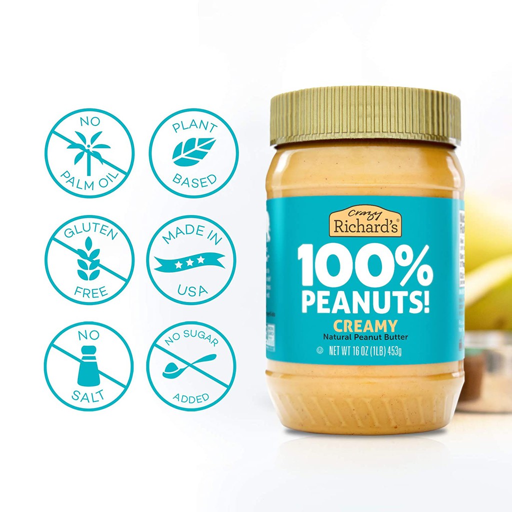 BƠ ĐẬU PHỘNG ĂN KIÊNG Crazy Richard's Creamy Peanut Butter 100% Natural-NonGMO-Vegan-Kosher, Made in USA, 453g (16oz)