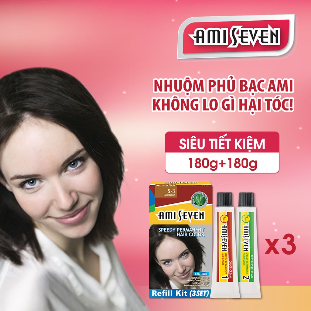 Nhuộm phủ bạc dược thảo SIÊU TIẾT KIỆM Ami Seven (180g/180g) Nhanh 7 phút - S3 NÂU SÁNG