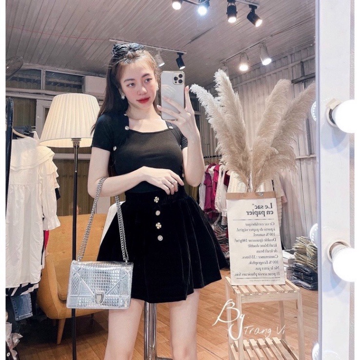 Áo kiểu nữ chất zip cao cấp cổ vuông đính khuy sang chảnh cá tính A582 Nội y xanh chất đẹp giá tốt