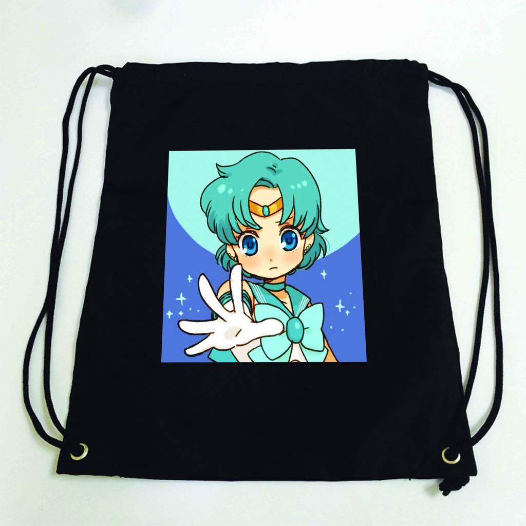 Balo dây rút đen in hình SAILOR MOON THỦY THỦ MẶT TRĂNG anime chibi túi rút đi học xinh xắn thời trang