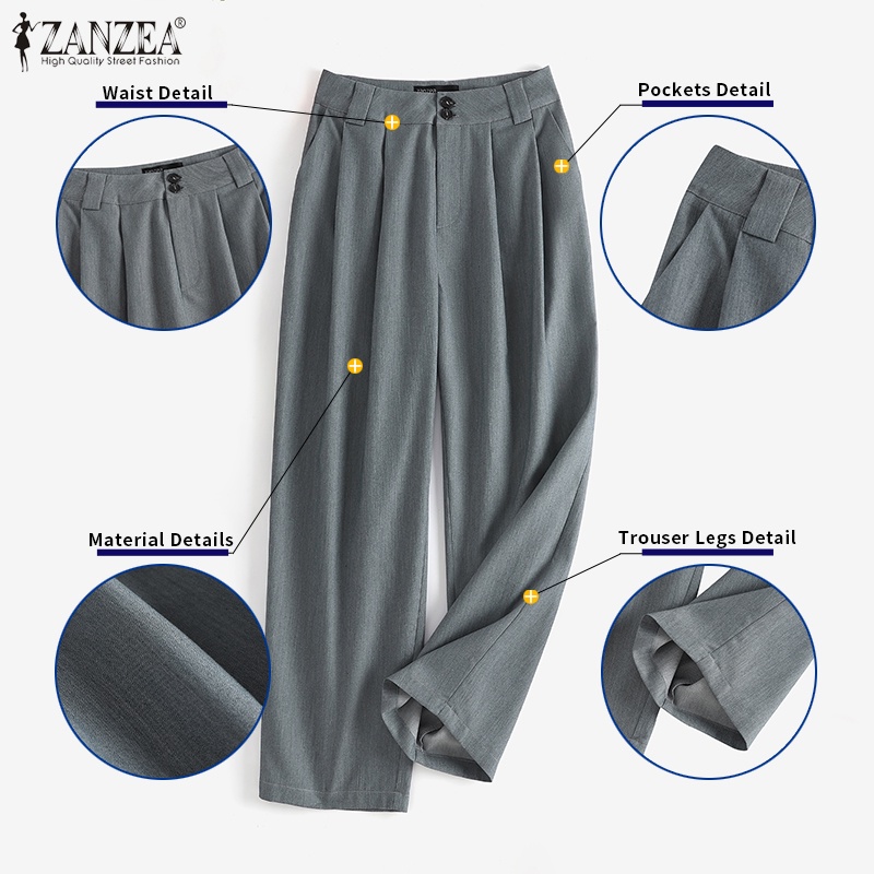 Quần dài ống suông lưng cao ZANZEA màu trơn phong cách thời trang cho nữ