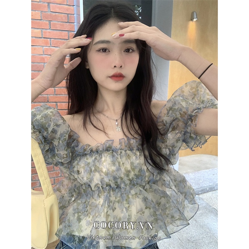 Cocory vn Áo Kiểu Trễ Vai Tay Phồng Họa Tiết Hoa Dáng Ôm Thời Trang Mùa Hè Cho Nữ