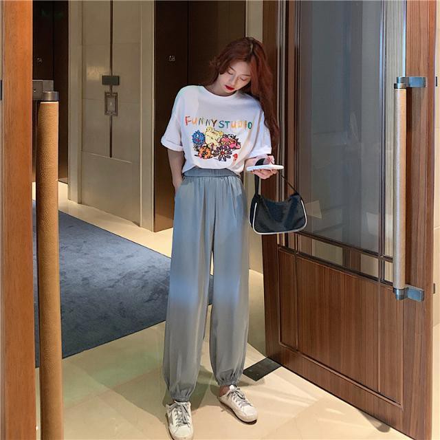 Áo Thun Ngắn Tay In Họa Tiết Graffiti + Quần Dài Ống Rộng Thời Trang Mẫu 2021 Dành Cho Nữ