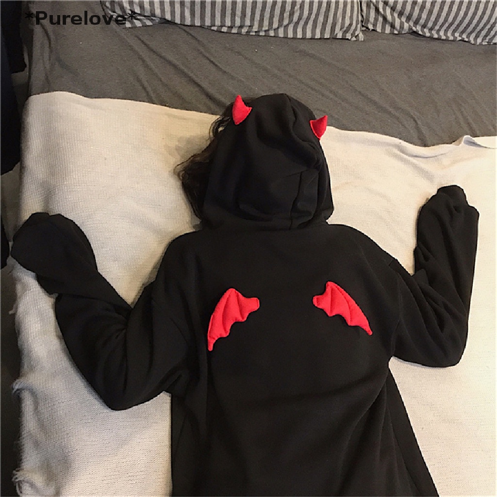 Purelove Áo Hoodie Có Túi Hình Cánh Quỷ Nhỏ Phong Cách Gothic Cho Nữ