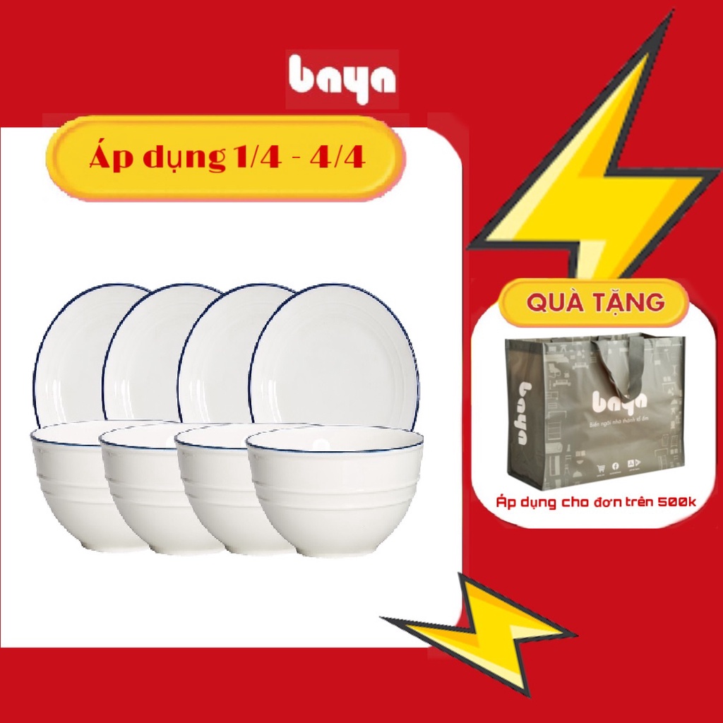 Bộ 4 Bát Tô Sứ Trắng Viền Xanh Và 4 Đĩa Trung BAYA REGATTA Chất Liệu Sứ Trắng Cao Cấp 6000253