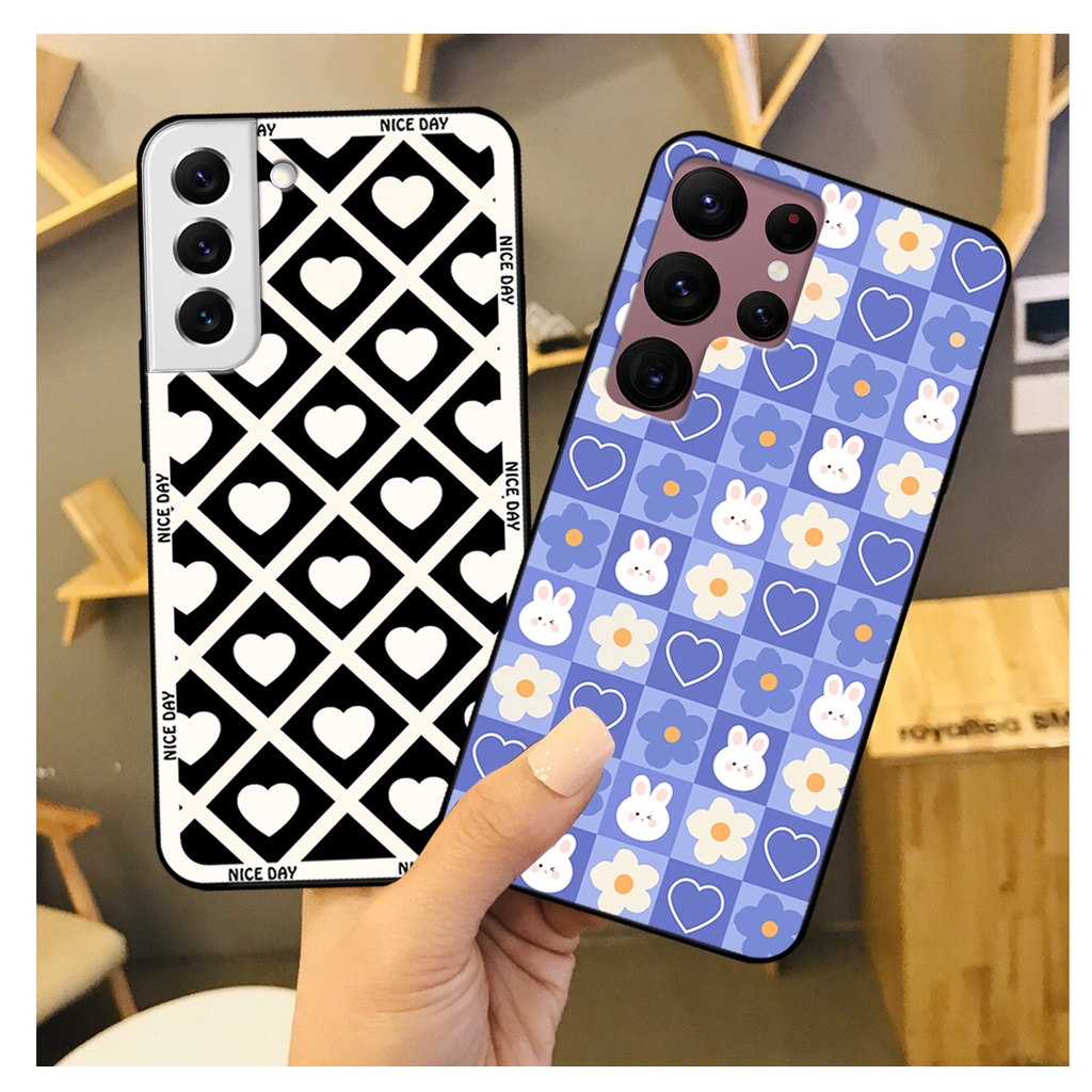 Ốp lưng Samsung S22 - S22 PLus - S22 Ultra - S22+ in hoạ tiết caro trái tim đen trắng, gấu bear cute đáng yêu