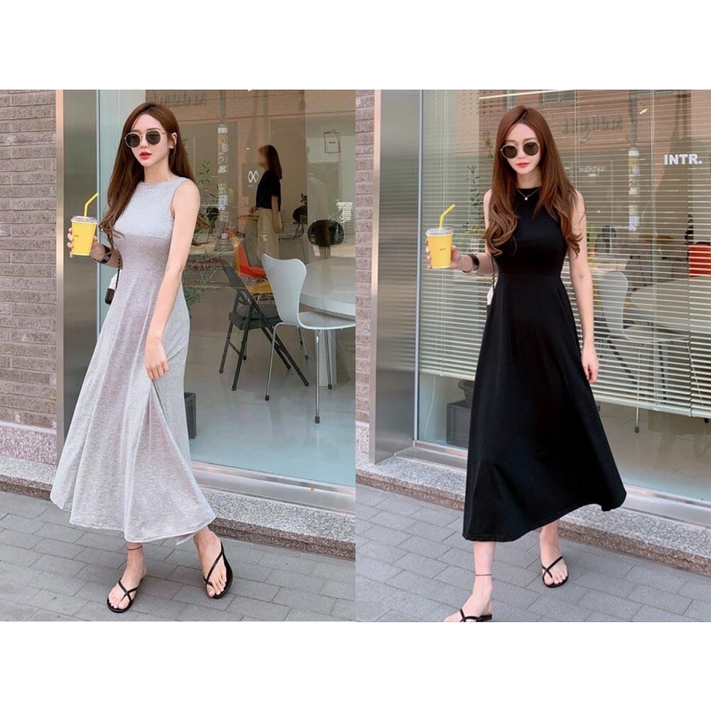 Đầm Thun Trơn Sát Nách Dáng Dài Chất Cotton Mềm Mịn Mặc Mát 2 Màu Đen Ghi