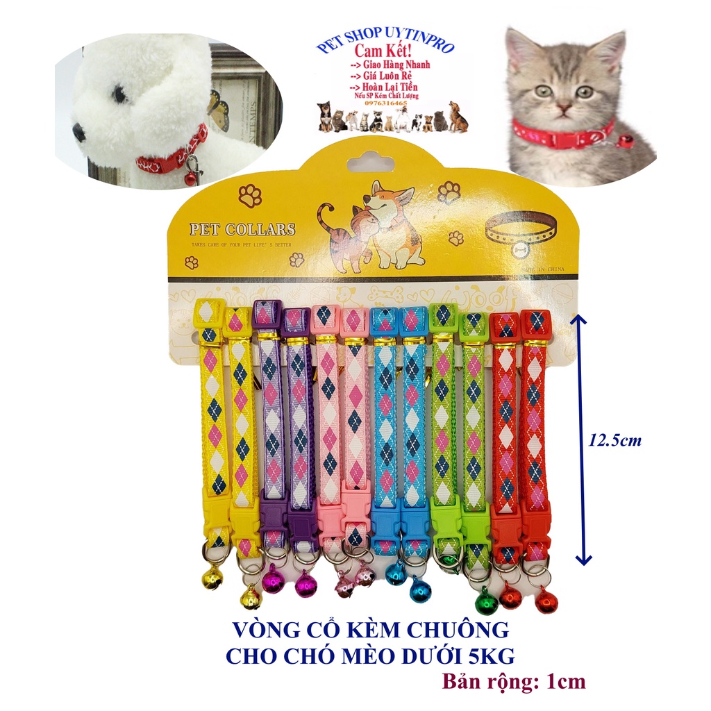 Vòng cổ kèm chuông cho Chó Mèo dưới 5kg In hình tứ giác Bản rộng 1cm Chất liệu dù bền chắc, Có thể điều chỉnh to nhỏ