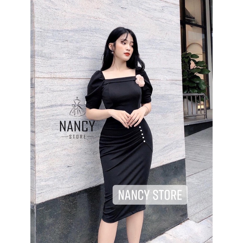 Váy body cổ vuông, tay bồng, hoa ngực, ngọc đính eo Nancy A9 | BigBuy360 - bigbuy360.vn