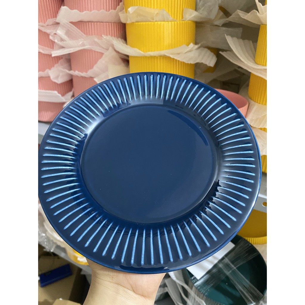(HOT - ẢNH THẬT) Đĩa tròn vân sọc hoa cúc Hepburn 2 màu trắng/xanh phong cách Bắc Âu - hàng cao cấp không chì xuất khẩu