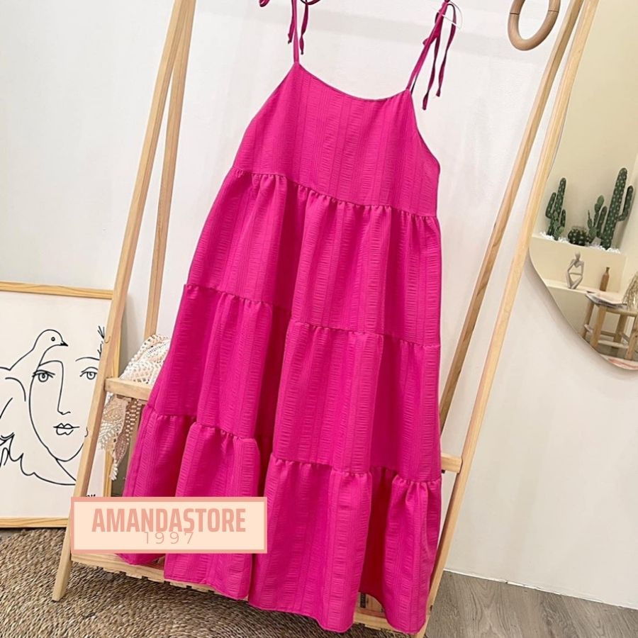 Váy 2 dây đi biển maxi, váy 2 lớp dây buộc nơ điều chỉnh siêu xinh, hai dây chất đũi xốp siêu mát