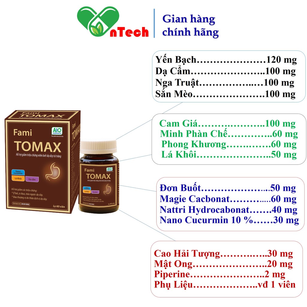 Viên uống GOLDWINGS FamiTomax hỗ trợ điều trị viêm loét dạ dày tá tràng trào ngược acid dịch vị dạ dày hộp 60 viên