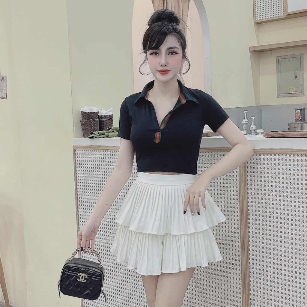 Áo thun nữ cổ bẻ phối cúc 40-55kg, áo croptop kiểu ôm body có cổ đẹp hot hiện nay HC FASHION