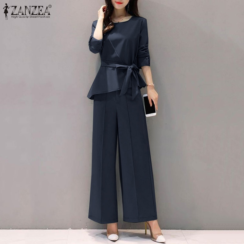 Set trang phục ZANZEA áo dài tay cổ tròn + quần dài lưng thun thời trang nữ