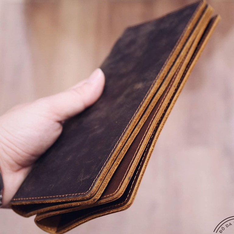 Ví nam nữ cầm tay da bò dáng dài, Bóp nam nữ đựng thẻ da bò sáp khâu tay thủ công, da thật 100%