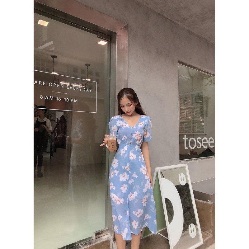 Đầm Linen hoa xanh