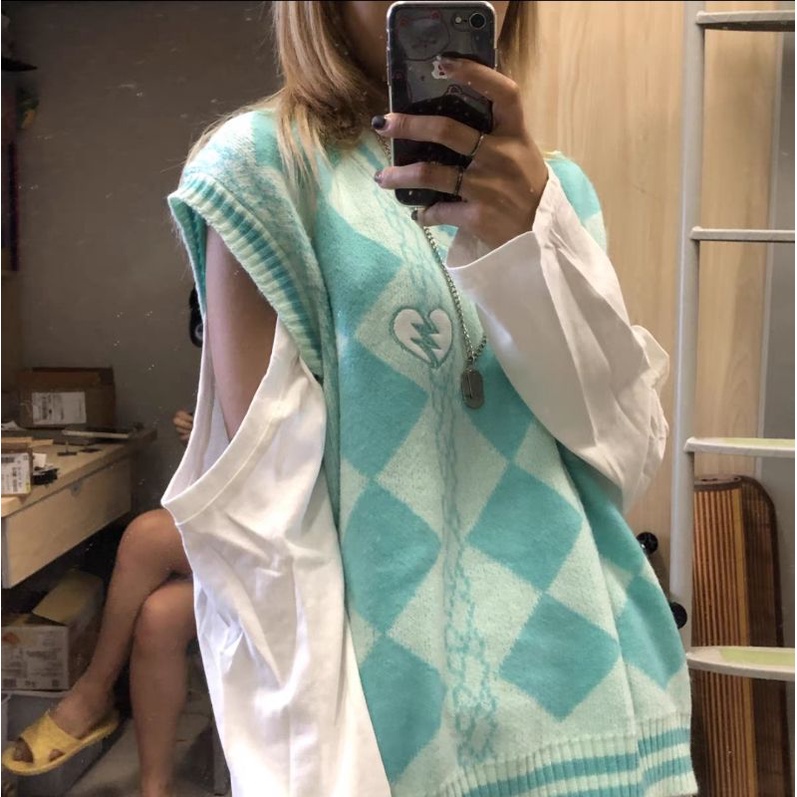 Áo gile len dệt kim hoạ tiết kim cương xanh ulzzang oder taobao