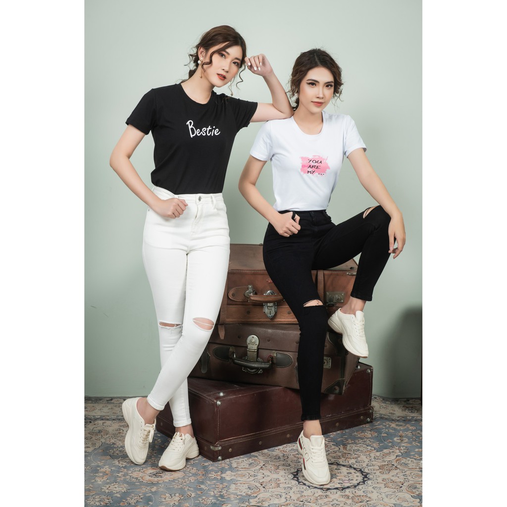 Áo thun nữ in chữ Bestie LEIKA 100% cotton mát, thấm mồ hôi, hút ẩm, hạ nhiệt và làm mát cơ thể