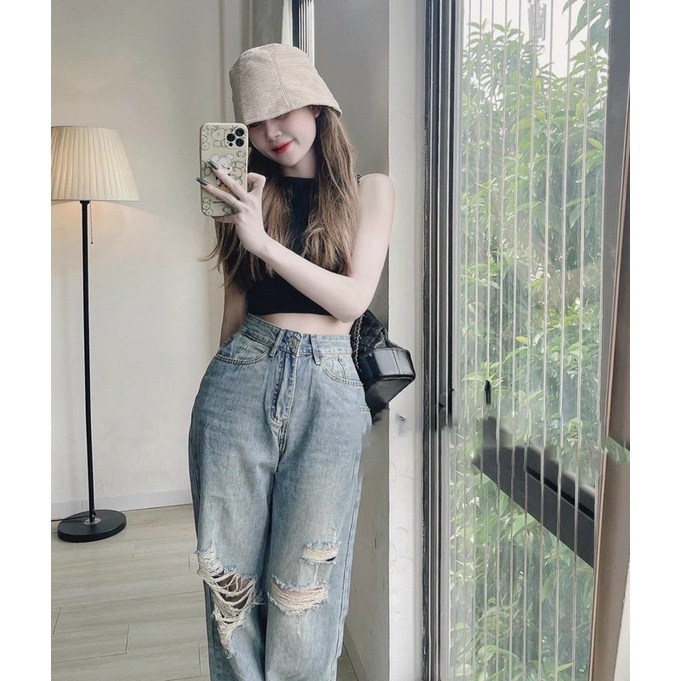 Quần jeans suông ống rộng rách gối Phong Cách Hàn Quốc