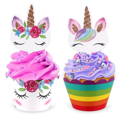Set 48 que cắm in hình kỳ lân và cầu vồng dùng trang trí bánh cupcake