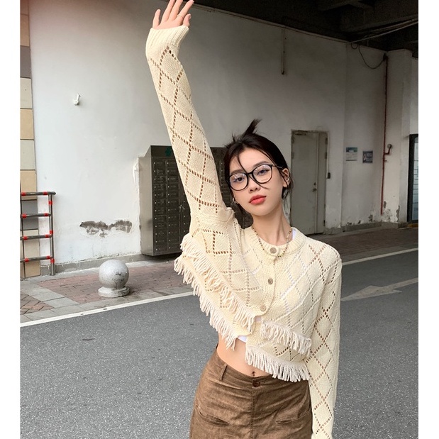 QKOOLE  Áo Khoác cardigan Dệt Kim Tay Dài Phong Cách Hàn Quốc croptop