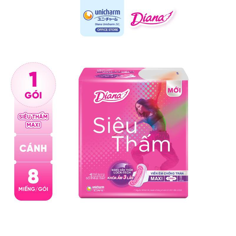 Băng vệ sinh Diana siêu thấm cánh Maxi 8 miếng gói