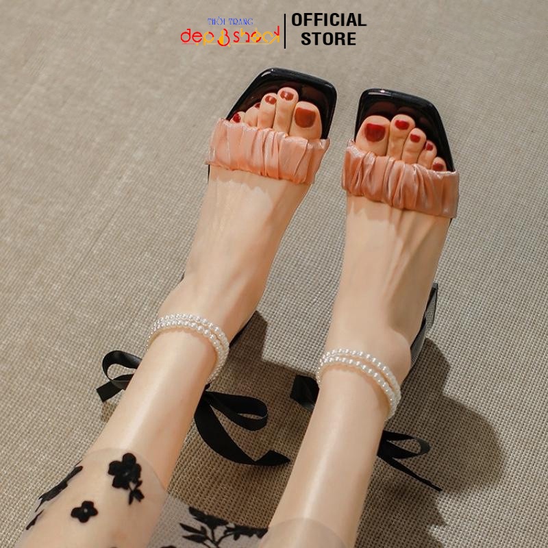Giày Cao Gót Big Size quai ngang bèo nhún Giày gót vuông 5 phân vòng ngọc có size 42 43 Cao cấp Depvashock