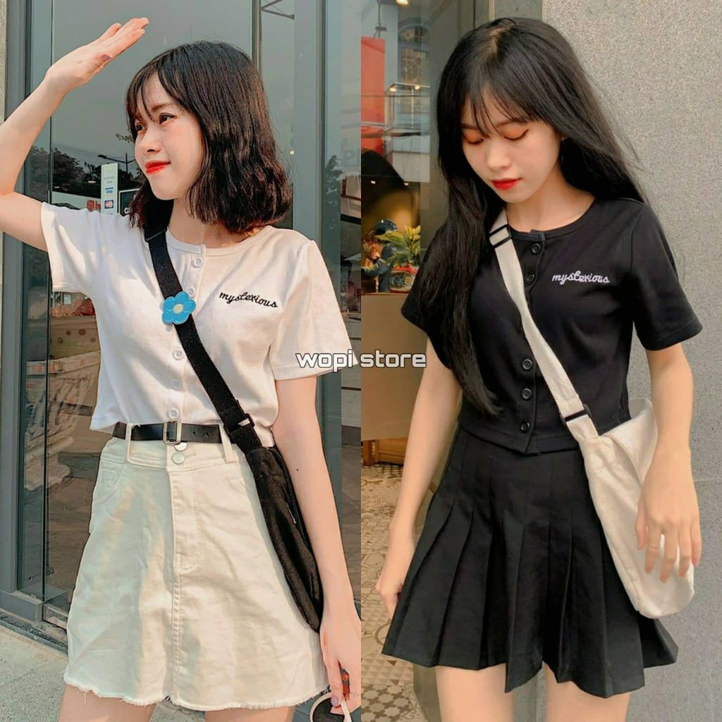 Áo Croptop Nữ Thêu MYSTERY Tay Ngắn Dáng Om Ulzzang (Ảnh Thật)