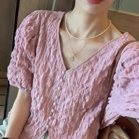 Áo kiểu SUXI tay ngắn phồng cổ chữ v màu sắc đơn giản phong cách Hàn Quốc cho nữ