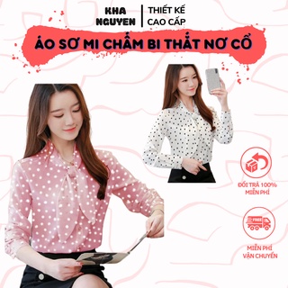 Áo sơ mi nữ 💖kha nguyen💖 áo sơ mi chấm bi dài tay cổ thắt nơ dáng công sở - thiết kế cao cấp