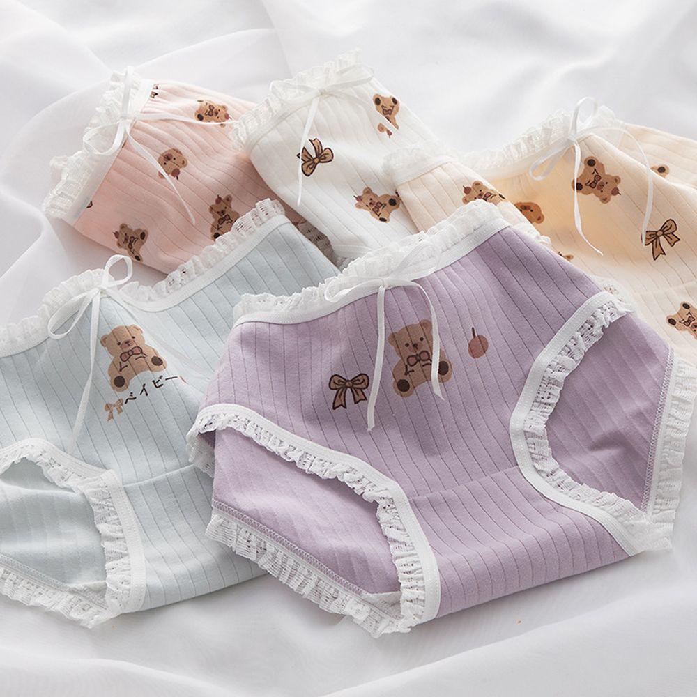 Quần Lót Thoáng Khí In Họa Tiết Gấu Hoạt Hình Dễ Thương Phối Ren Xinh Xắn Cho Nữ 2L