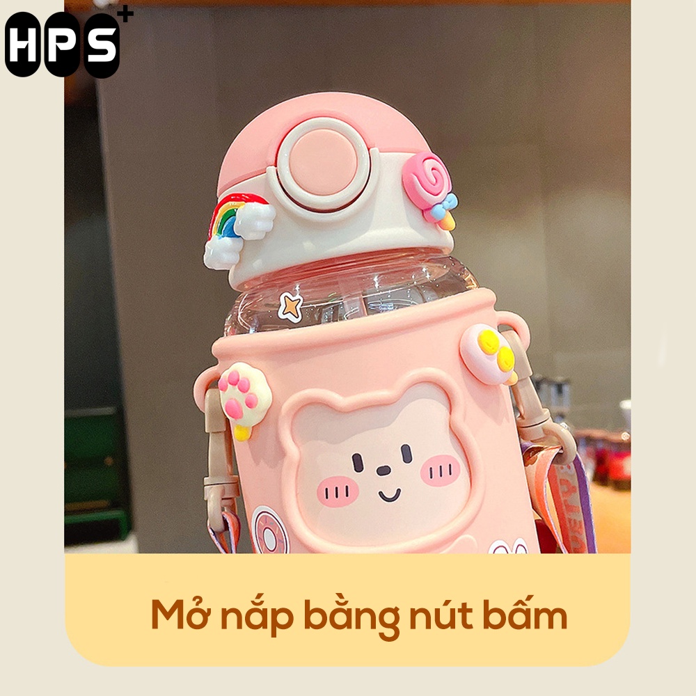 Bình nước cute, Bình nước cho bé có quai đeo nắp bật, ống hút mềm mại dung tích 620ml - Tặng kèm sticker
