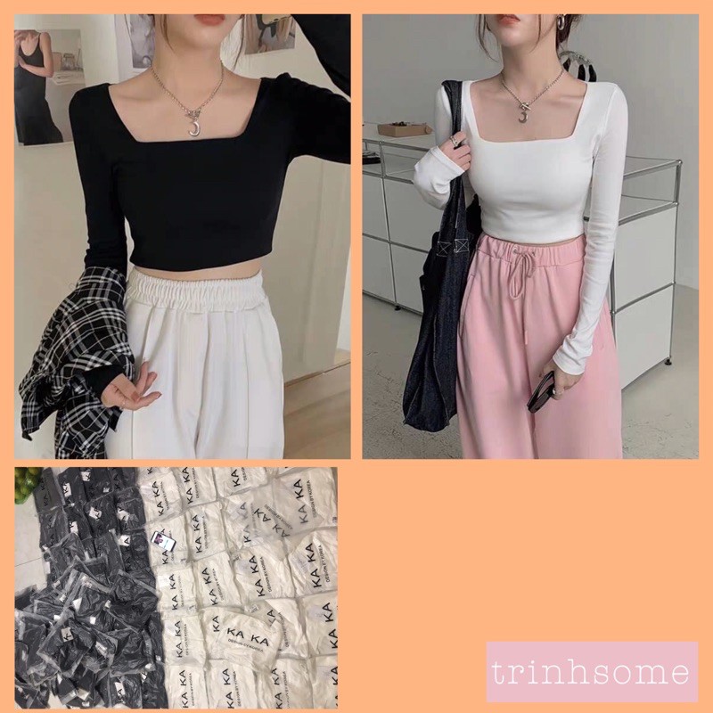 ( SẴN ) Áo Thun Tay Dài Cổ Vuông Trơn Màu Phong Cách Retro