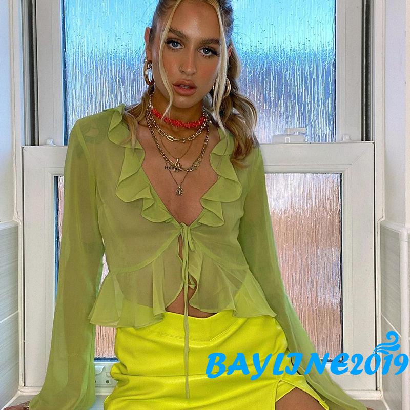 BAY-Women Sheer Crop Tops, Long Flared Sleeve Deep V Neck Pleated Hem Tops for Summer Pub, Women Clothing
