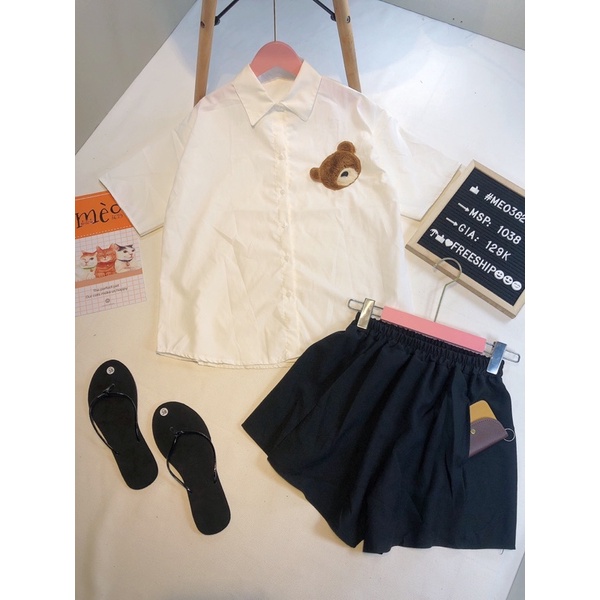 [Chuyên Sỉ] Bộ sơ mi gấu thêu nổi, quần chất kaki ống rộng có túi xéo, diện đi làm đi chơi đều sang xịn đẹp.