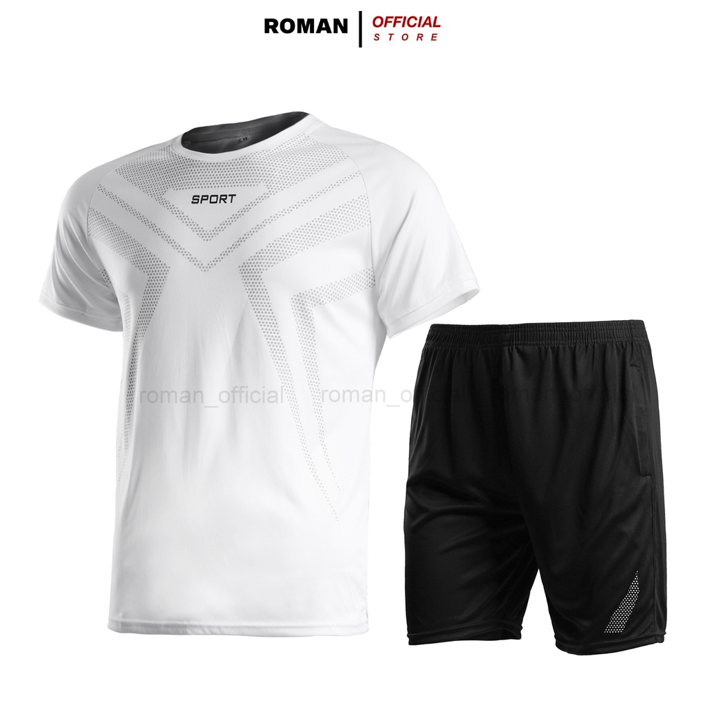 Bộ thể thao nam hè ROMAN quần áo cộc tay cổ tròn vải thun lạnh co giãn thoáng mát B03