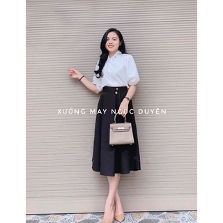 Chân váy đen xòe xếp ly dáng chữ A dài qua gối cạp cách điệu 2 cúc - Vải Vitex màu Đen Nâu - Mặc đi làm công sở tiệc học